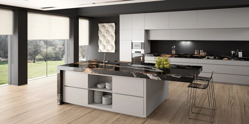 A contemporary kitchen with a thick stone slab worktop
