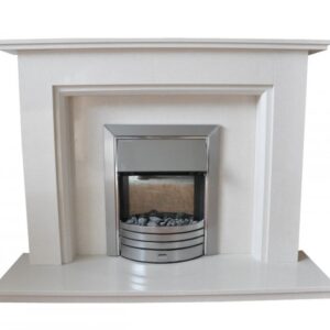 A modern white fireplace with fire surround made in micro marble material.