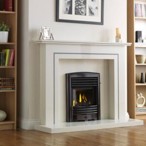 A white, modern fireplace surrounds in the style Apollo