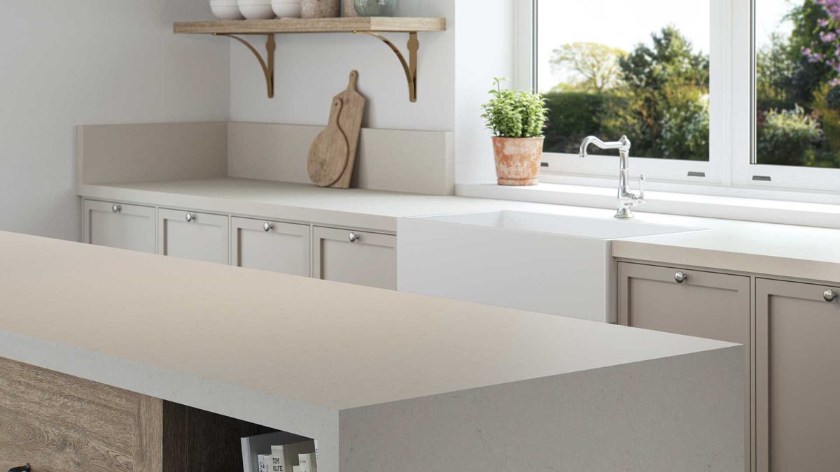 Bright light kitchen with a cream quartz worktop