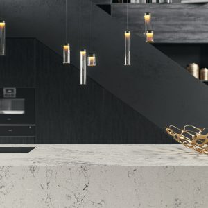 Stylish kitchen with quartz worktops and stylish lights