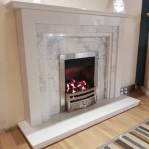The Alaska Fireplace made in Micro Marble material (Hearth, Panel, Fire Surrounds and fire.