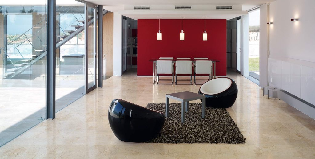 An eccentric hotel lobby with stone work