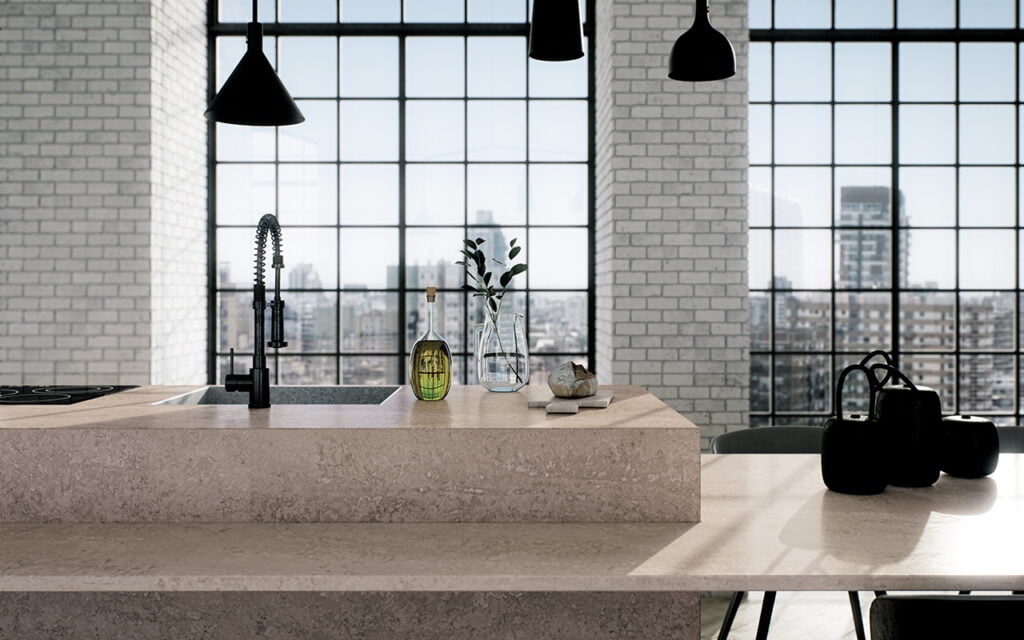 Kitchen with rustic worktop and sink with city view in Bradford, UK