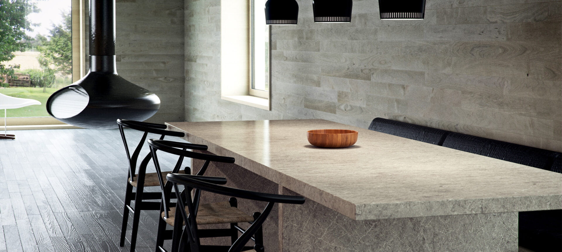 Simple kitchen with quartz stone worktop and black chairs