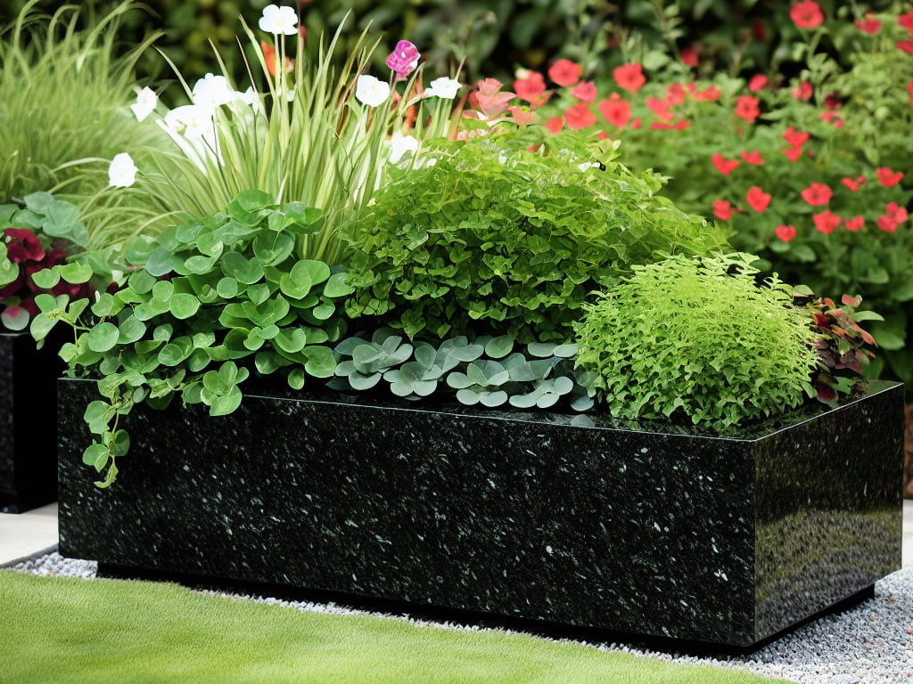 A large black granite planter with plants and flowers