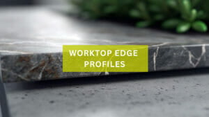A granite worktop with straight worktop edge profile with text overlay with 'worktop edge profiles'