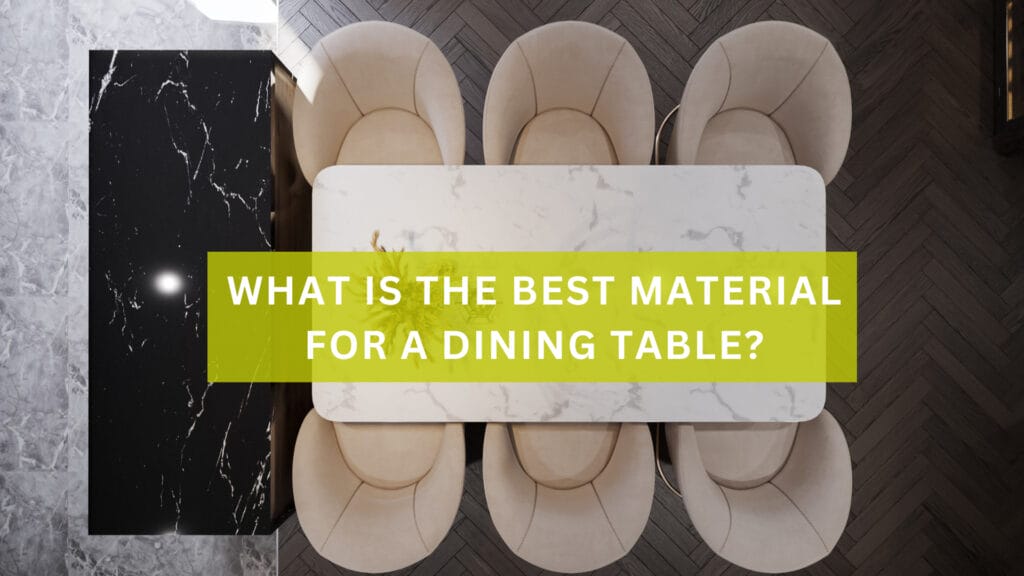 A white stone look dining table with six chairs.